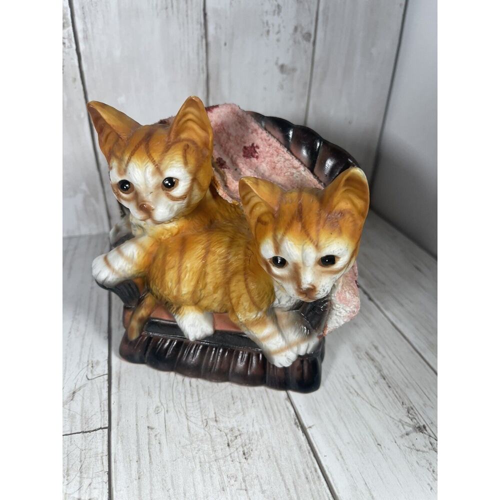 Vintage 2 Tiger Stripe Orange Kittens Sitting on Brown Couch Ceramic